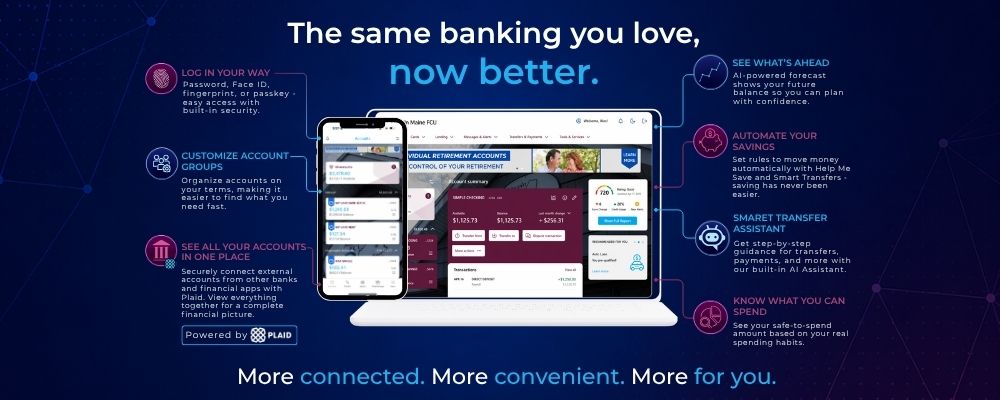 Promotional graphic for Lincoln Maine Federal Credit Union’s upgraded digital banking platform featuring mobile and desktop banking screens, Plaid account integration, AI-powered budgeting and savings tools, smart transfer assistance, secure login features, and customizable account groups.